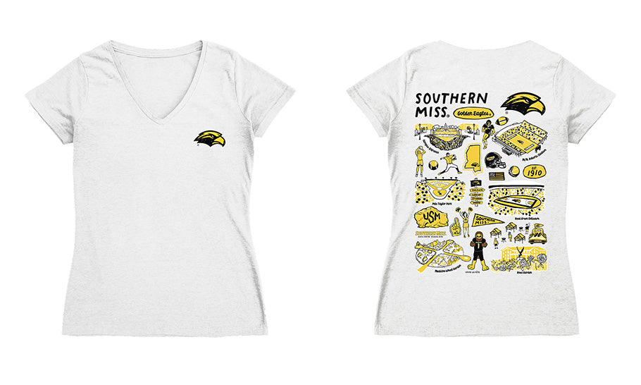 Southern Miss Golden Eagles Hand Sketched Vive La Fete Impressions Artwork Black Women Cotton Short Sleeve V-Neck Tshirt