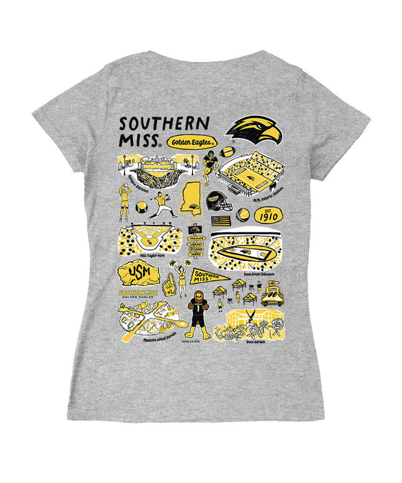 Southern Miss Golden Eagles Hand Sketched Vive La Fete Impressions Artwork Black Women Cotton Short Sleeve V-Neck Tshirt