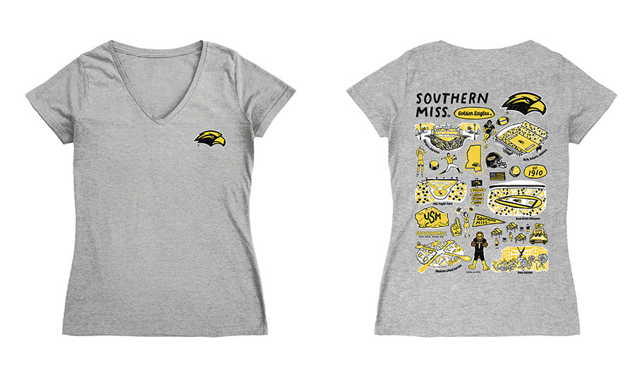 Southern Miss Golden Eagles Hand Sketched Vive La Fete Impressions Artwork Black Women Cotton Short Sleeve V-Neck Tshirt