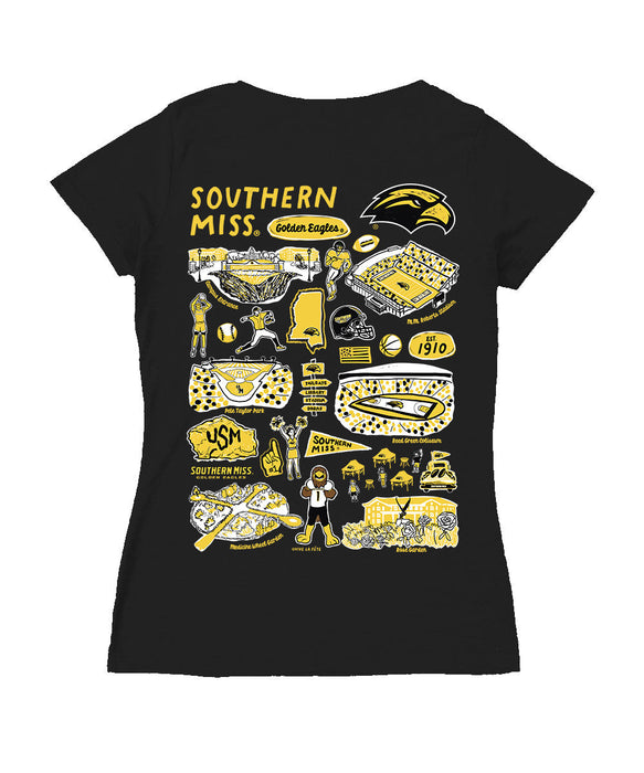 Southern Miss Golden Eagles Hand Sketched Vive La Fete Impressions Artwork Black Women Cotton Short Sleeve V-Neck Tshirt