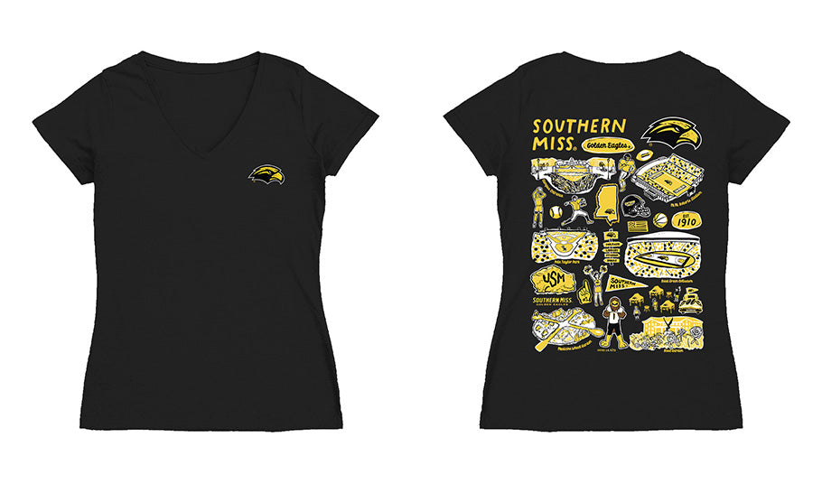 Southern Miss Golden Eagles Hand Sketched Vive La Fete Impressions Artwork Black Women Cotton Short Sleeve V-Neck Tshirt