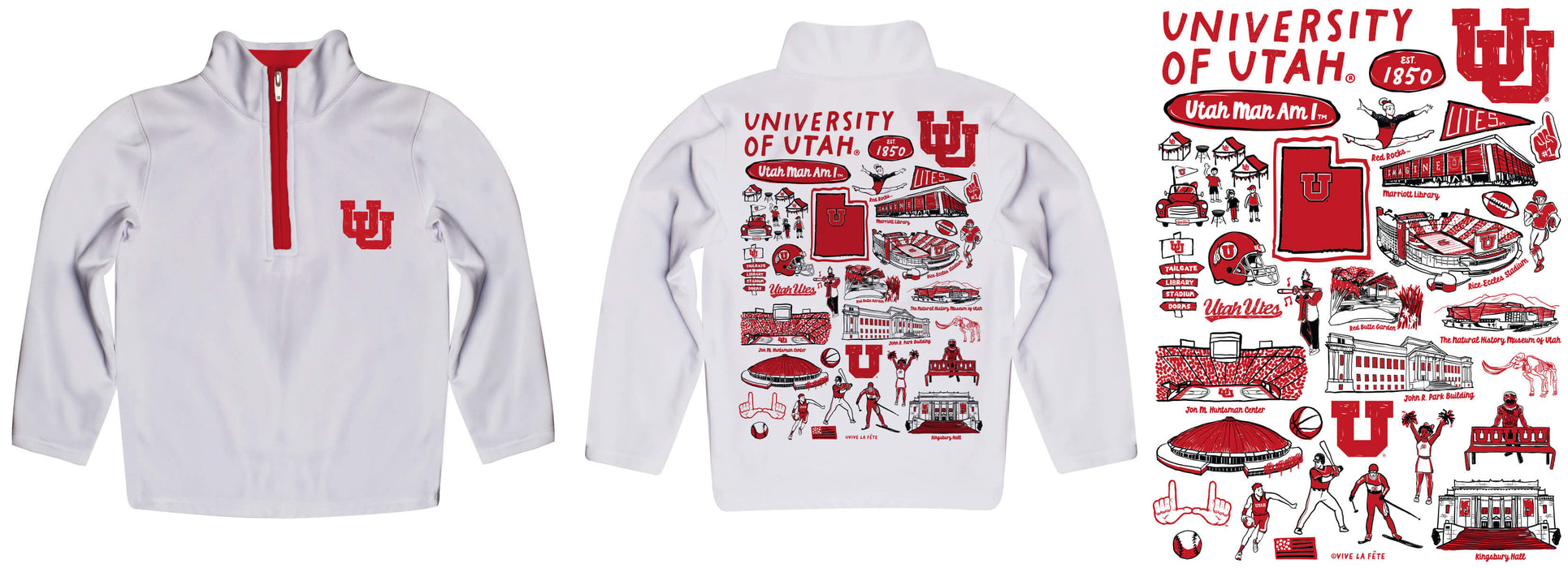 University of Utah Utes Hand Sketched Vive La Fete Impressions Artwork  White Boys Quarter Zip Pullover V1 - Vive La Fête - Online Apparel Store