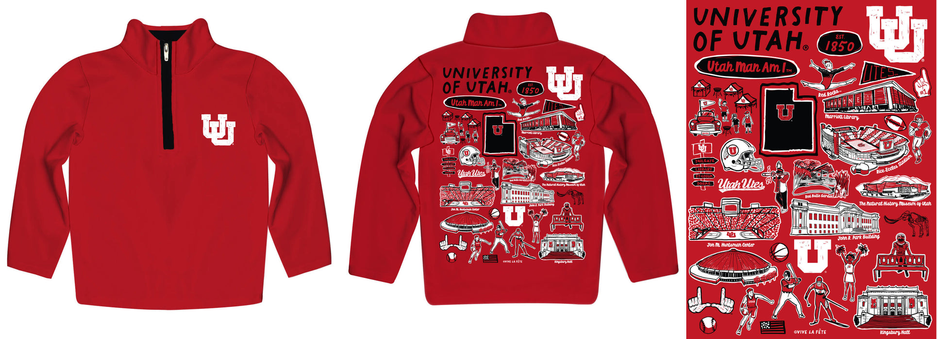 University of Utah Utes Hand Sketched Vive La Fete Impressions Artwork  Red Boys Quarter Zip Pullover V1 - Vive La Fête - Online Apparel Store