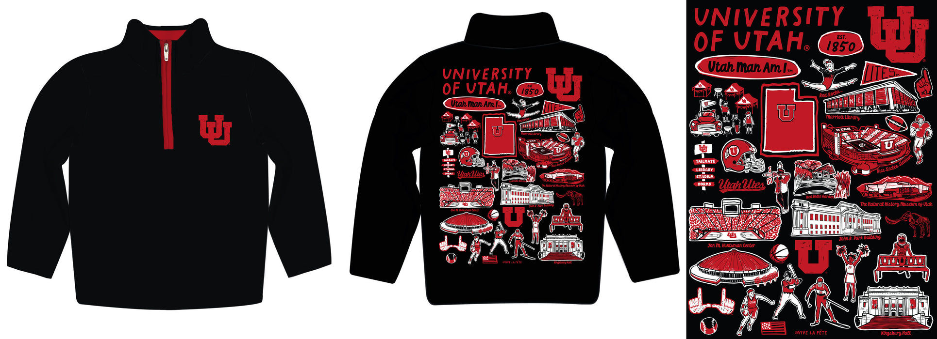 University of Utah Utes Hand Sketched Vive La Fete Impressions Artwork  Black Boys Quarter Zip Pullover V1 - Vive La Fête - Online Apparel Store