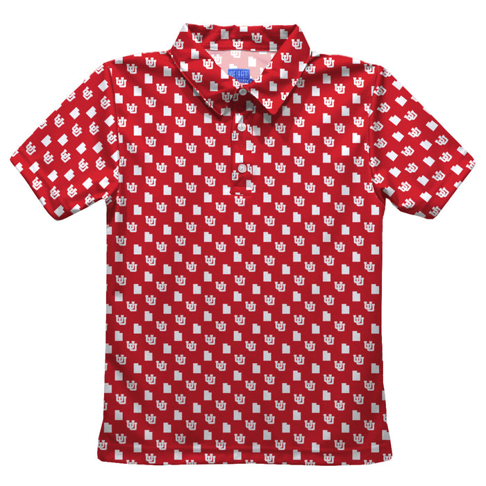 University of Utah Utes Vive La Fete All Over Logo Red Short Sleeve Polo Shirt
