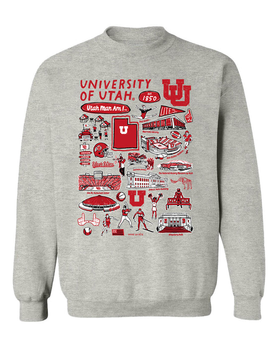 University of Utah Utes Hand Sketched Vive La Fete Impressions Grey Cotton Crewneck Sweatshirt for Women