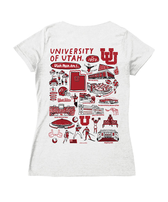 University of Utah Utes Hand Sketched Vive La Fete Impressions Artwork Red Women Cotton Short Sleeve V-Neck Tshirt