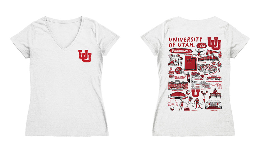 University of Utah Utes Hand Sketched Vive La Fete Impressions Artwork Red Women Cotton Short Sleeve V-Neck Tshirt
