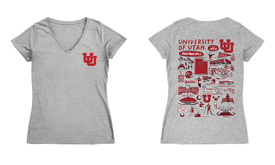 University of Utah Utes Hand Sketched Vive La Fete Impressions Artwork Red Women Cotton Short Sleeve V-Neck Tshirt