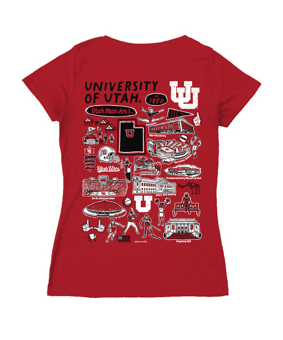 University of Utah Utes Hand Sketched Vive La Fete Impressions Artwork Red Women Cotton Short Sleeve V-Neck Tshirt