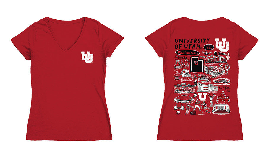 University of Utah Utes Hand Sketched Vive La Fete Impressions Artwork Red Women Cotton Short Sleeve V-Neck Tshirt