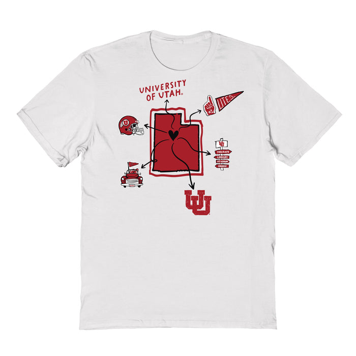 University of Utah Utes Hand Sketched Vive La Fete Impressions Icones White T-shirt for Women