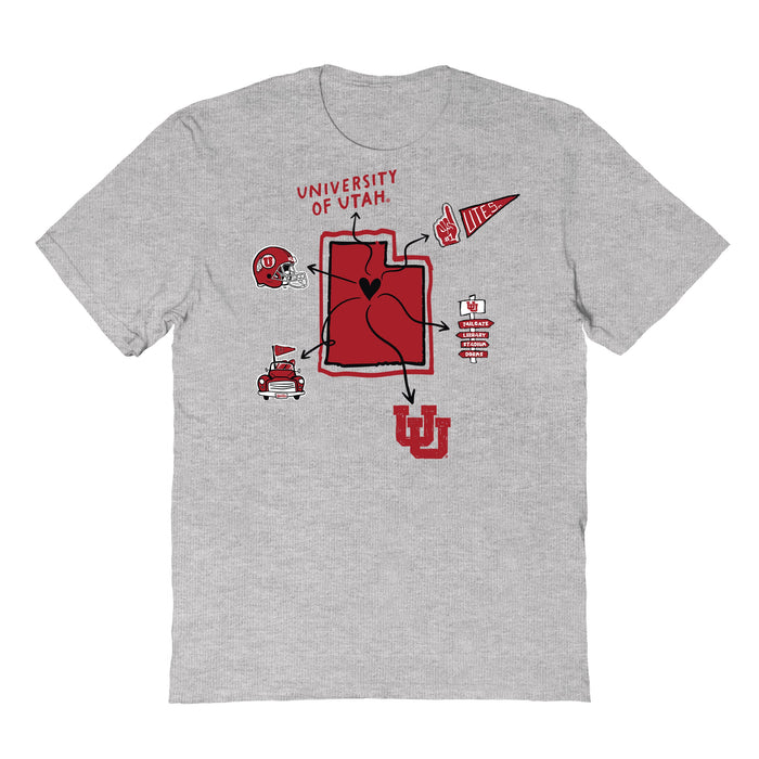 University of Utah Utes Hand Sketched Vive La Fete Impressions Icones Grey T-shirt for Women