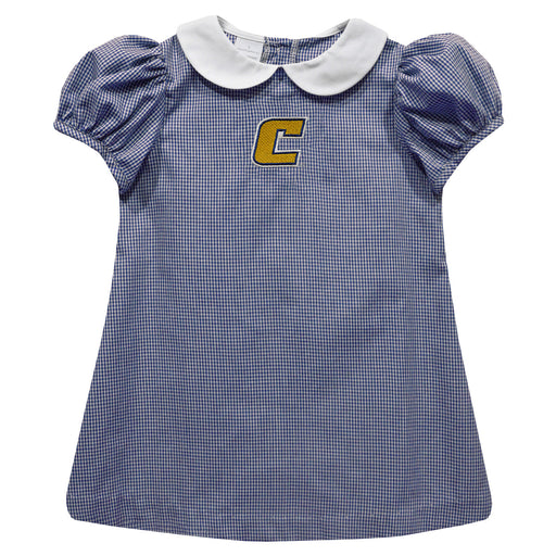 Tennessee Chattanooga Mocs Embroidered Navy Gingham Short Sleeve A Line Dress