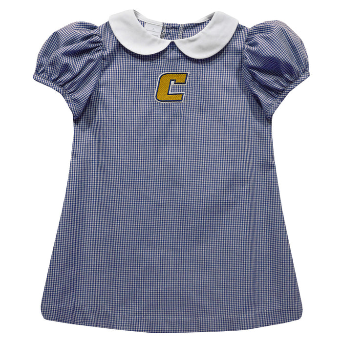 Tennessee Chattanooga Mocs Embroidered Navy Gingham Short Sleeve A Line Dress