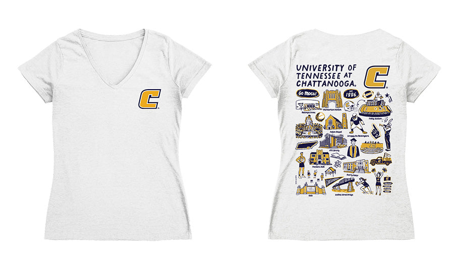 Tennessee Chattanooga Mocs Hand Sketched Vive La Fete Impressions Artwork Navy Women Cotton Short Sleeve V-Neck Tshirt