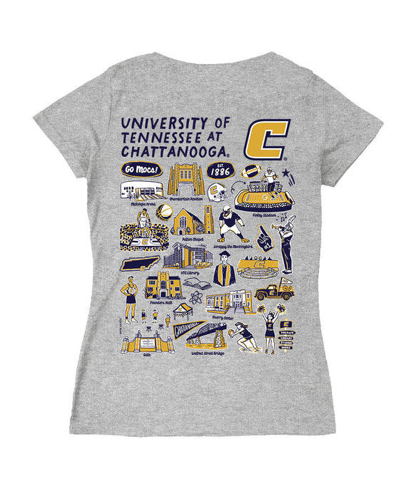 Tennessee Chattanooga Mocs Hand Sketched Vive La Fete Impressions Artwork Navy Women Cotton Short Sleeve V-Neck Tshirt