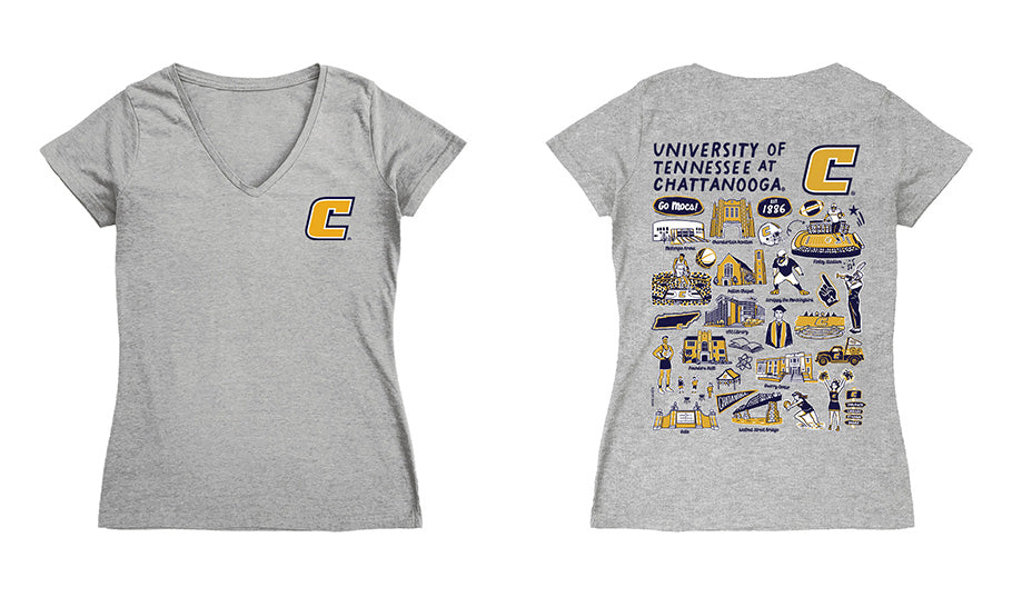 Tennessee Chattanooga Mocs Hand Sketched Vive La Fete Impressions Artwork Navy Women Cotton Short Sleeve V-Neck Tshirt