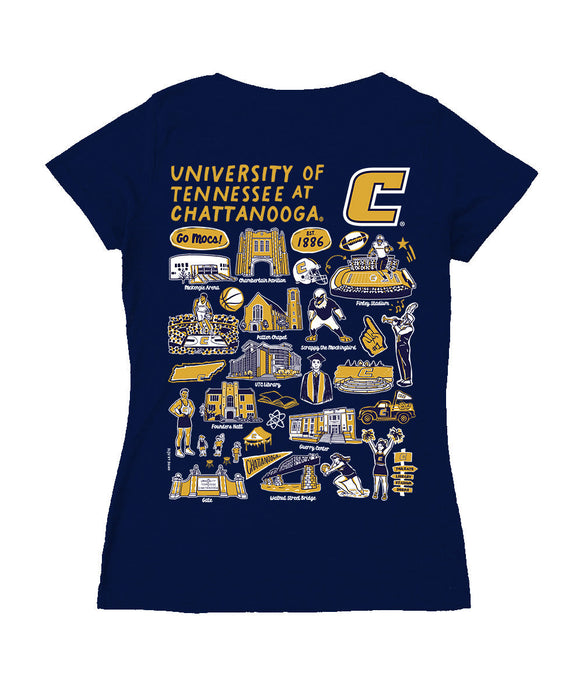 Tennessee Chattanooga Mocs Hand Sketched Vive La Fete Impressions Artwork Navy Women Cotton Short Sleeve V-Neck Tshirt