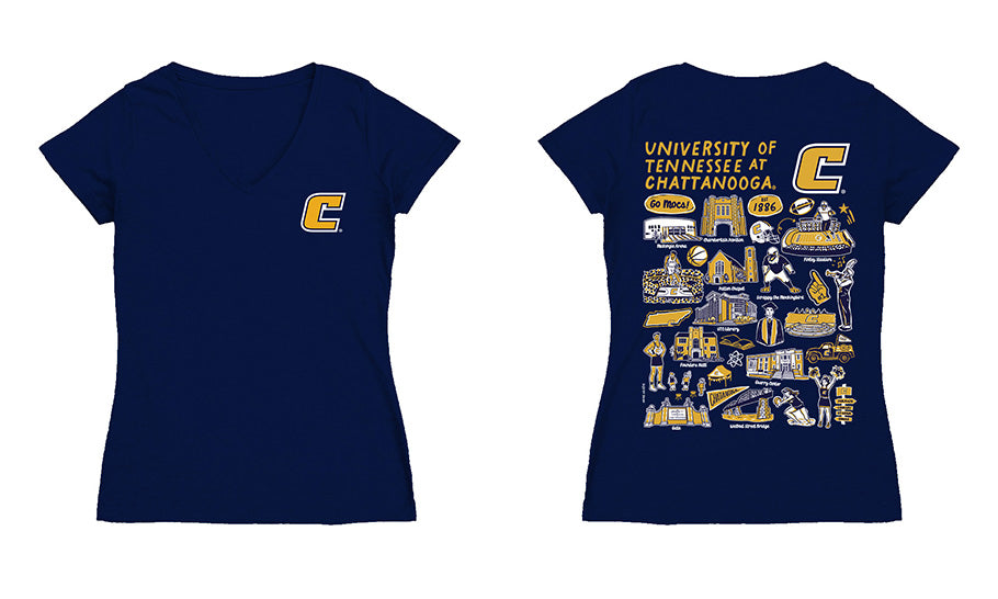 Tennessee Chattanooga Mocs Hand Sketched Vive La Fete Impressions Artwork Navy Women Cotton Short Sleeve V-Neck Tshirt