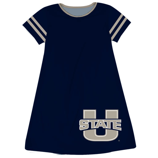 Utah State Aggies USU Vive La Fete Girls Game Day Short Sleeve Navy A-Line Dress with large Logo