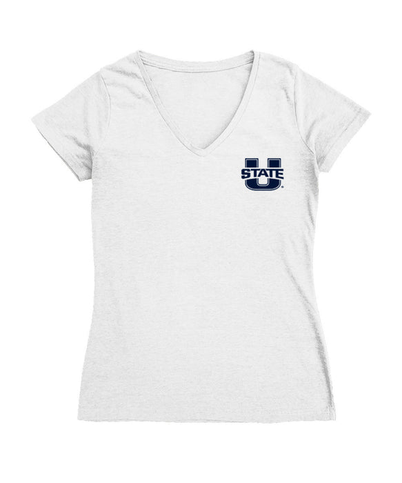 Utah State Aggies USU Hand Sketched Vive La Fete Impressions Artwork White Women Cotton Short Sleeve V-Neck Tshirt