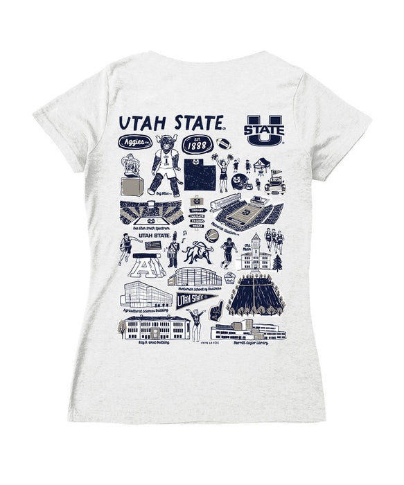 Utah State Aggies USU Hand Sketched Vive La Fete Impressions Artwork Navy Women Cotton Short Sleeve V-Neck Tshirt