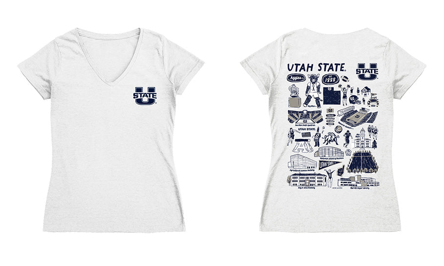 Utah State Aggies USU Hand Sketched Vive La Fete Impressions Artwork Navy Women Cotton Short Sleeve V-Neck Tshirt