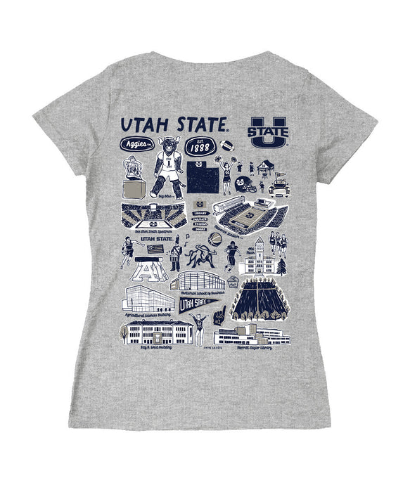 Utah State Aggies USU Hand Sketched Vive La Fete Impressions Artwork Navy Women Cotton Short Sleeve V-Neck Tshirt