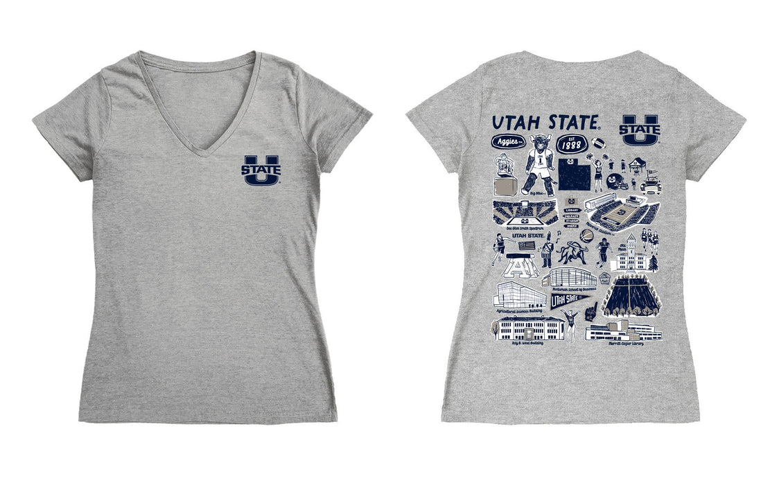 Utah State Aggies USU Hand Sketched Vive La Fete Impressions Artwork Navy Women Cotton Short Sleeve V-Neck Tshirt