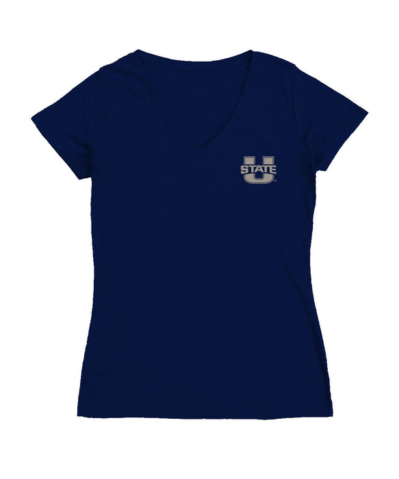 Utah State Aggies USU Hand Sketched Vive La Fete Impressions Artwork Navy Women Cotton Short Sleeve V-Neck Tshirt