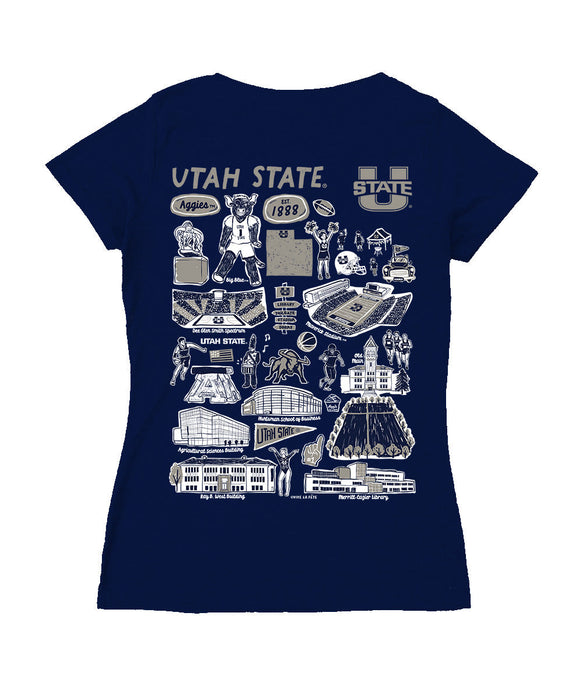 Utah State Aggies USU Hand Sketched Vive La Fete Impressions Artwork Navy Women Cotton Short Sleeve V-Neck Tshirt
