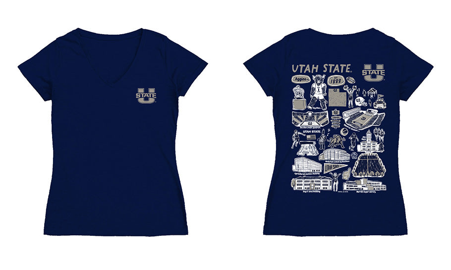 Utah State Aggies USU Hand Sketched Vive La Fete Impressions Artwork Navy Women Cotton Short Sleeve V-Neck Tshirt