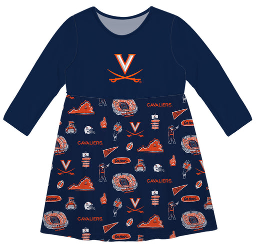 Virginia Cavaliers UVA Long Sleeve Solid Navy Repeat Print Hand Sketched Impressions Artwork on Skirt
