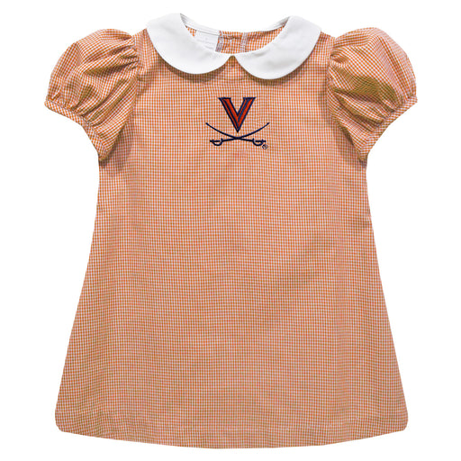 Virginia Cavaliers UVA Embroidered Orange Gingham Short Sleeve A Line Dress