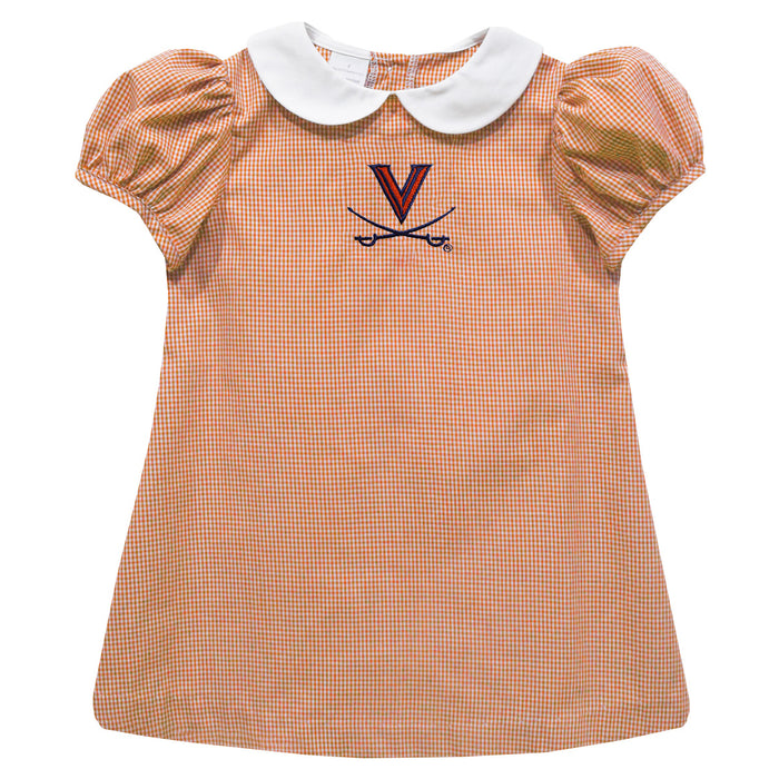 Virginia Cavaliers UVA Embroidered Orange Gingham Short Sleeve A Line Dress