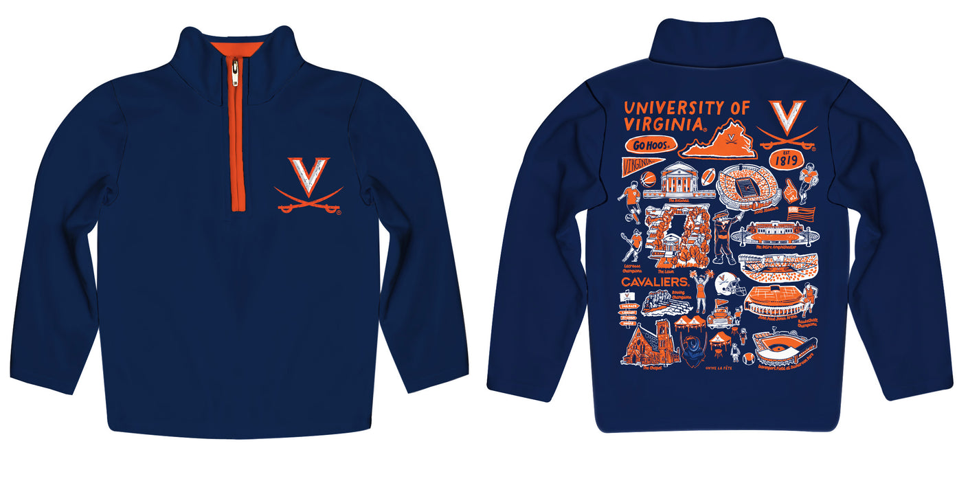 Virginia Cavaliers UVA Hand Sketched Vive La Fete Impressions Artwork Navy Boys Quarter Zip Pullover V1 - Vive La Fête - Online Apparel Store