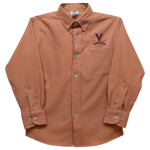 Virginia Cavaliers UVA Embroidered Orange Gingham Long Sleeve Button Down Shirt