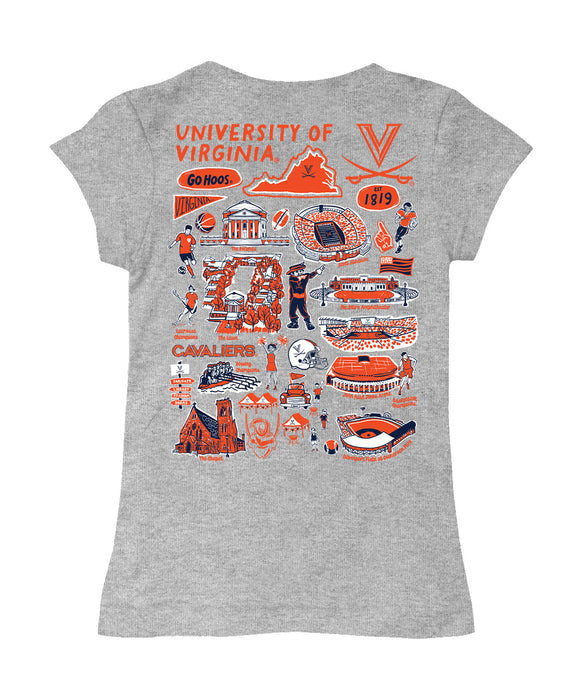 Virginia Cavaliers UVA Hand Sketched Vive La Fete Impressions Artwork Grey Girls Cotton Short Sleeve Tee - Vive La Fête - Online Apparel Store