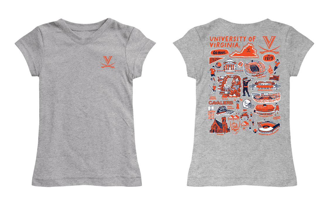 Virginia Cavaliers UVA Hand Sketched Vive La Fete Impressions Artwork Grey Girls Cotton Short Sleeve Tee - Vive La Fête - Online Apparel Store