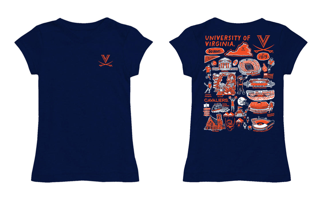 Virginia Cavaliers UVA Hand Sketched Vive La Fete Impressions Artwork Navy Girls Cotton Short Sleeve Tee - Vive La Fête - Online Apparel Store