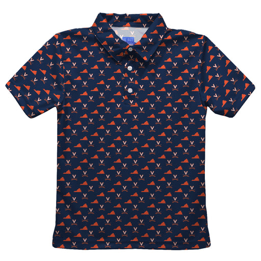 Virginia Cavaliers UVA Vive La Fete All Over Logo Navy Short Sleeve Polo Shirt