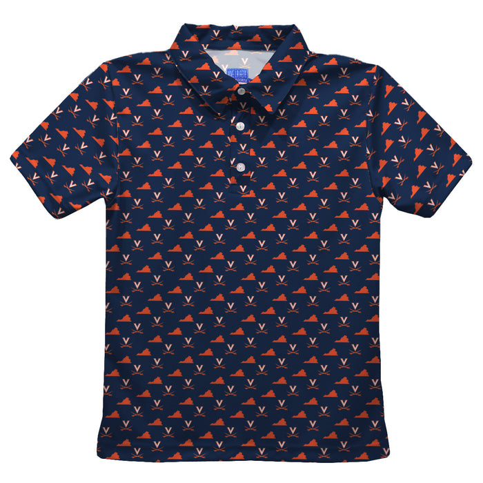 Virginia Cavaliers UVA Vive La Fete All Over Logo Navy Short Sleeve Polo Shirt