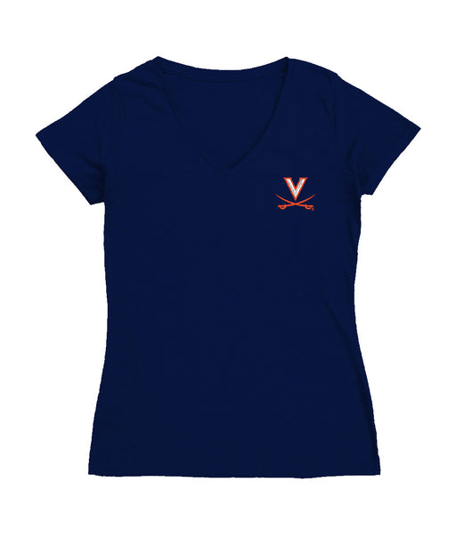 Virginia Cavaliers UVA Hand Sketched Vive La Fete Impressions Artwork Navy Women Cotton Short Sleeve V-Neck Tshirt
