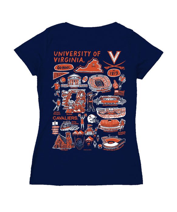Virginia Cavaliers UVA Hand Sketched Vive La Fete Impressions Artwork Navy Women Cotton Short Sleeve V-Neck Tshirt