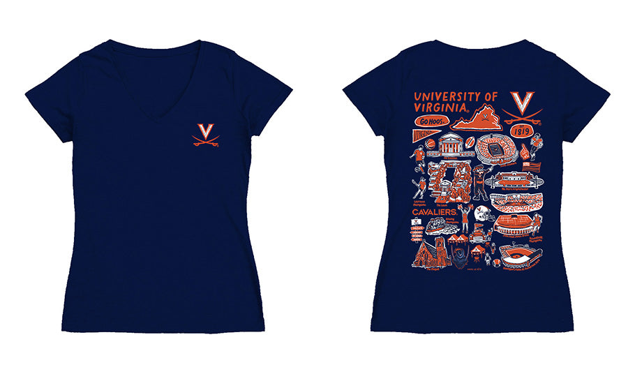 Virginia Cavaliers UVA Hand Sketched Vive La Fete Impressions Artwork Navy Women Cotton Short Sleeve V-Neck Tshirt