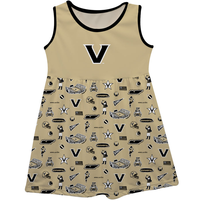 Vanderbilt University Commodores Sleeveless Tank Dress Girls Gold Repeat Print Hand Sketched Vive La Fete Impressions