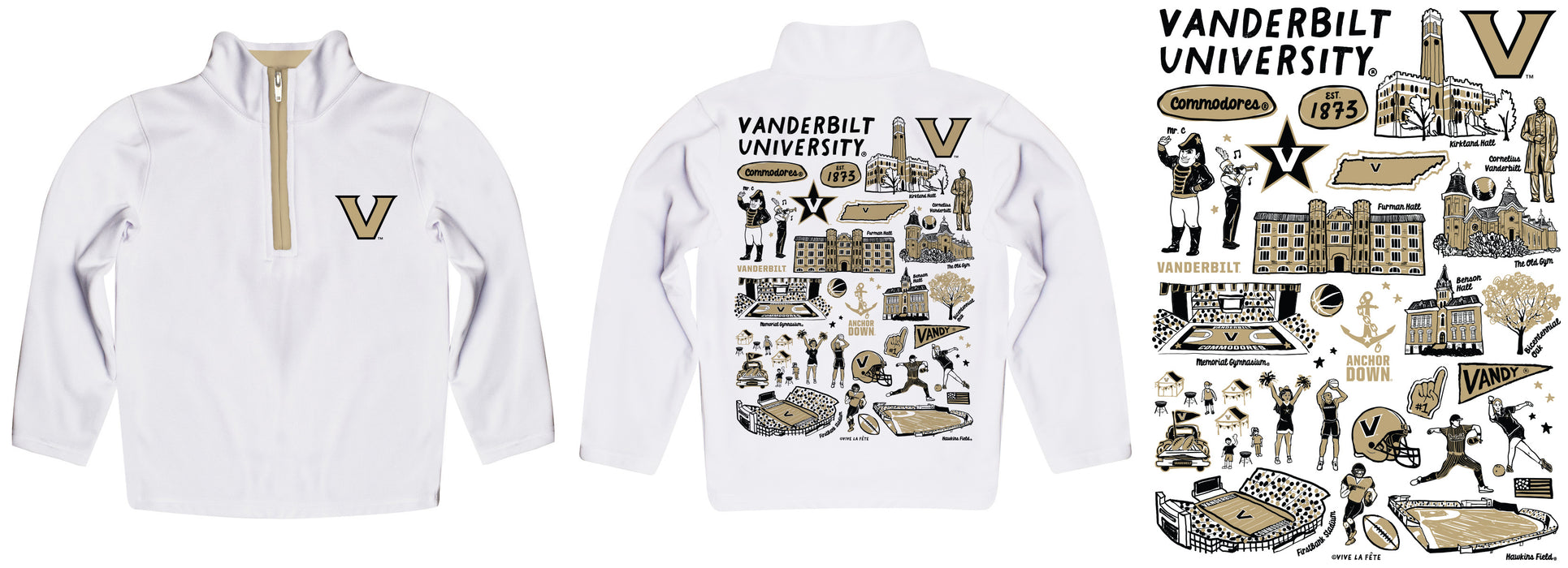 Vanderbilt University Commodores Hand Sketched Vive La Fete Impressions Artwork White Boys Quarter Zip Pullover V1 - Vive La Fête - Online Apparel Store