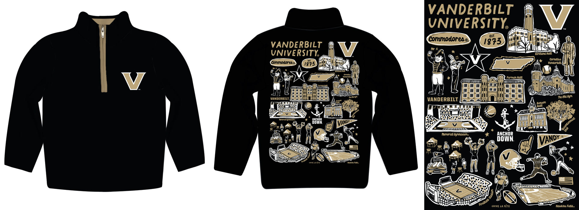 Vanderbilt University Commodores Hand Sketched Vive La Fete Impressions Artwork Black Boys Quarter Zip Pullover V1 - Vive La Fête - Online Apparel Store