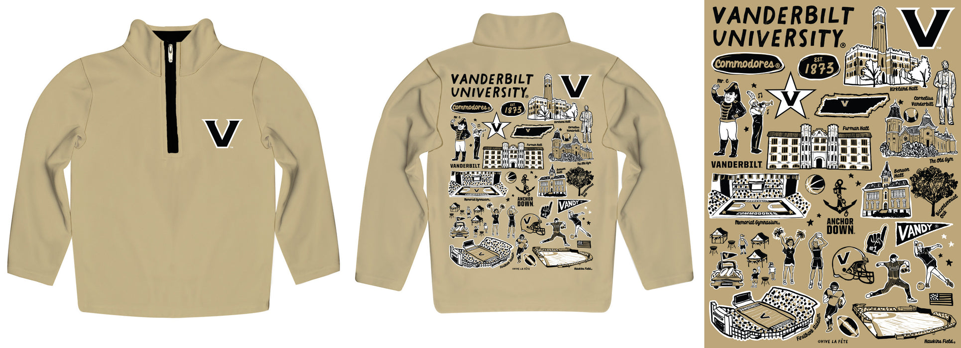 Vanderbilt University Commodores Hand Sketched Vive La Fete Impressions Artwork Gold Boys Quarter Zip Pullover V1 - Vive La Fête - Online Apparel Store
